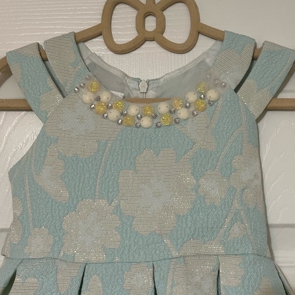 Bonnie Jean Toddler Girls Aqua Floral Jacquard Dress with Pearl Accents - Picture 4 of 12